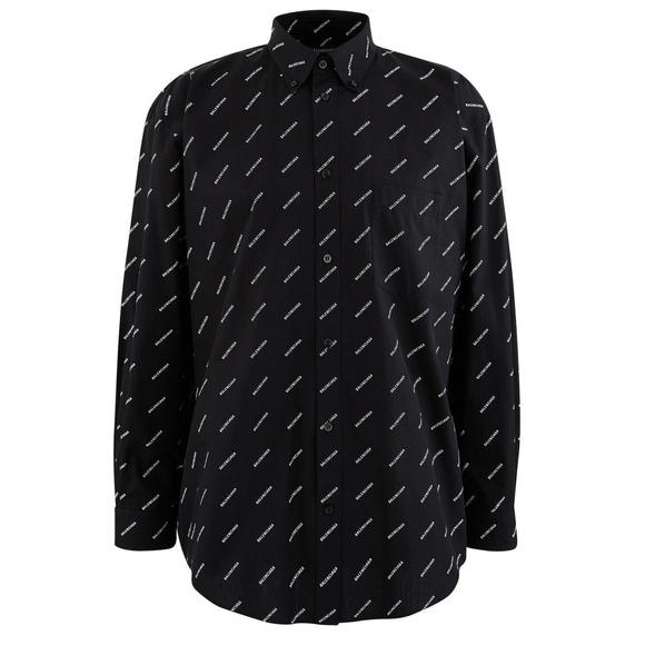 Balenciaga Black White All Over Logo Long Sleeve Button Up Down Cotton Shirt 39